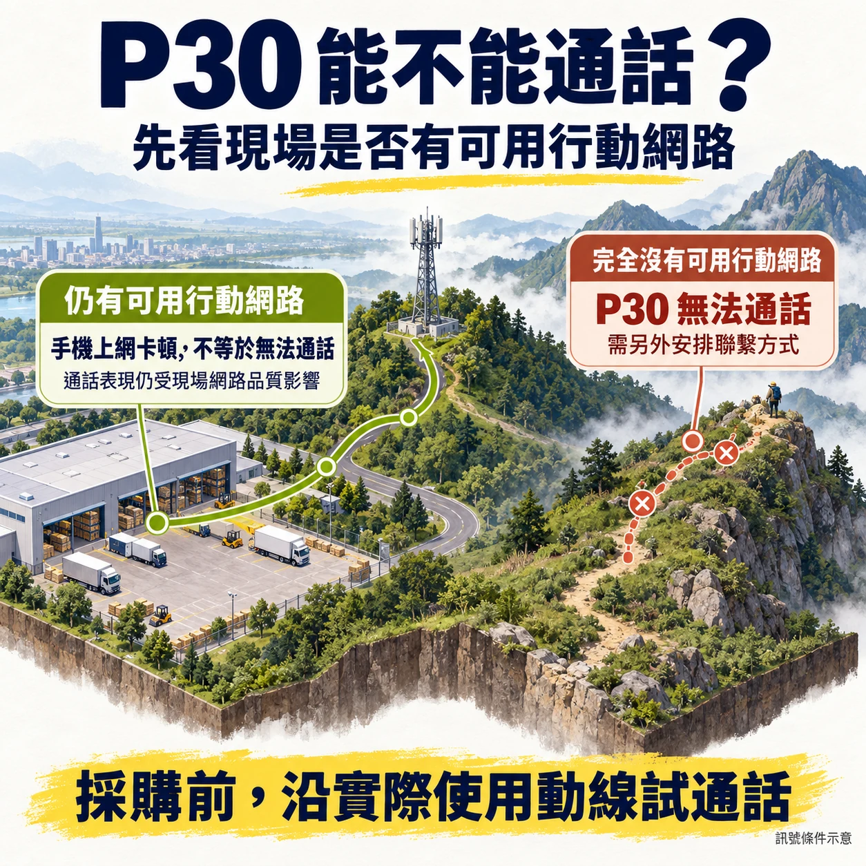P30 通話需有可用行動網路，完全無訊號時需另備聯繫方式。